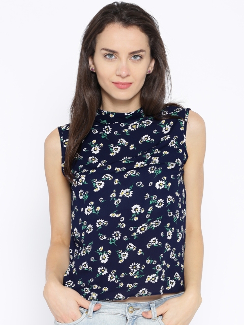 

Tokyo Talkies Navy Floral Print Georgette Crop Top, Navy blue