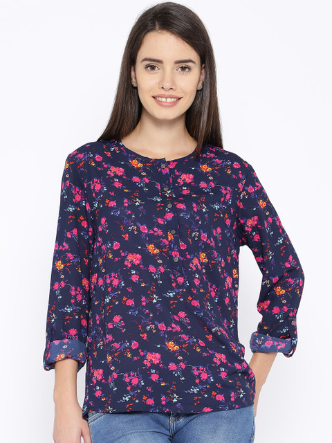 

Tokyo Talkies Navy Floral Print Georgette Top, Navy blue