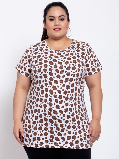

plusS Women Plus Size White & Coffee Brown Animal Print Round Neck Cotton T-shirt