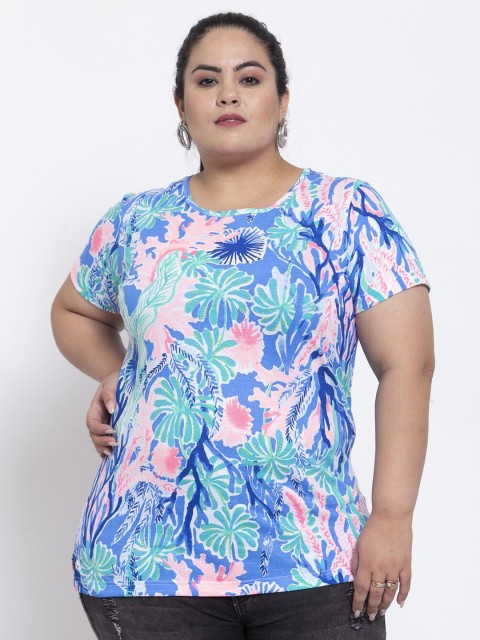 

plusS Women Plus Size Blue & Pink Floral Print Round Neck Cotton T-shirt