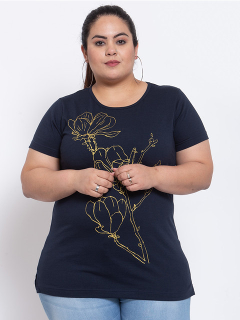 

plusS Women Plus Size Navy Blue & Mustard Yellow Floral Print Round Neck Cotton T-shirt