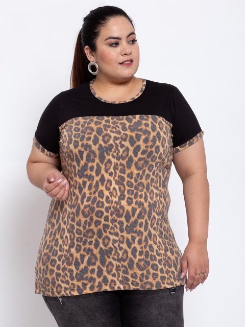 

plusS Women Plus Size Beige & Charcoal Grey Leopard Printed Round Neck T-shirt