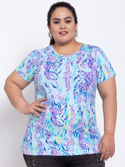 

plusS Women Plus Size Blue & Purple Floral Printed Round Neck Cotton T-shirt