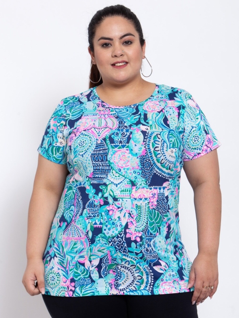 

plusS Women Plus Size Blue & Pink Ethnic & Floral Print Round Neck Cotton T-shirt