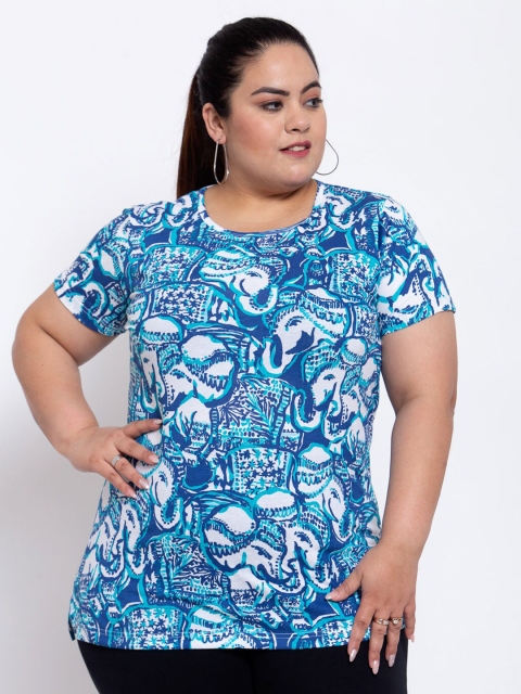 

plusS Women Plus Size Blue & White Ethnic Print Round Neck Cotton T-shirt