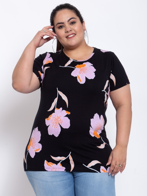 

plusS Women Plus Size Black & Pink Floral Print Round Neck Cotton T-shirt