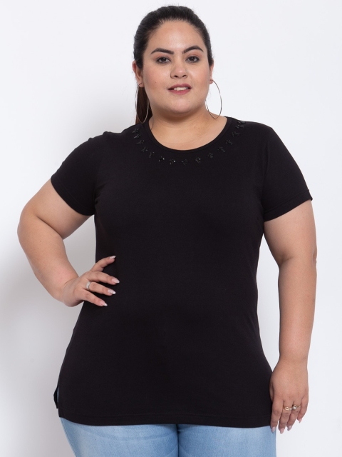 

plusS Women Plus Size Black Solid Round Neck Cotton T-shirt with Embellished Detail