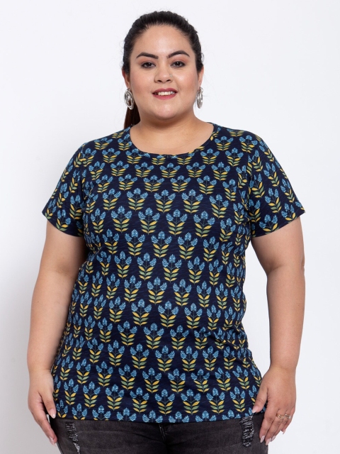 

plusS Women Plus Size Navy Blue & Yellow Floral Printed Round Neck Cotton T-shirt