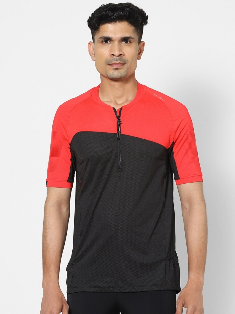 

ROCKRIDER By Decathlon Men Black & Coral Red Colourblocked Henley Neck T-shirt