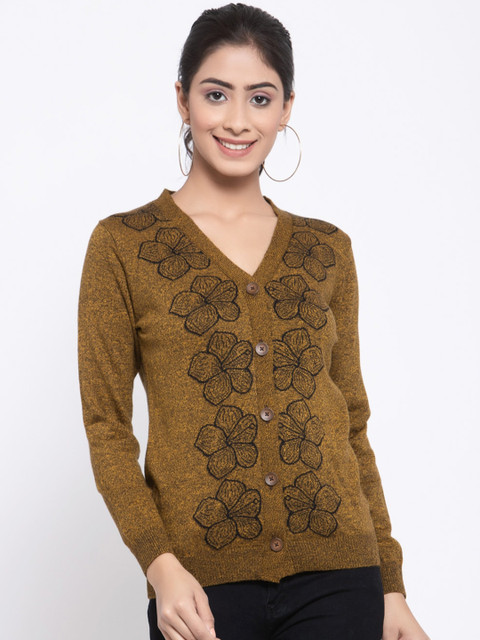 

Kalt Women Mustard Brown & Black Floral Print Acrylic Cardigan