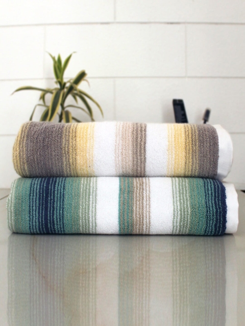 

AVI Living Yellow & Green Set of 2 Striped 600 GSM Cotton Bath Towel Set