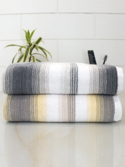 

AVI Living Yellow & Grey Set Of 2 Striped 600 GSM Cotton Bath Towels