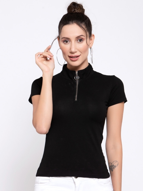 

iki chic Women Black Solid High Neck T-shirt