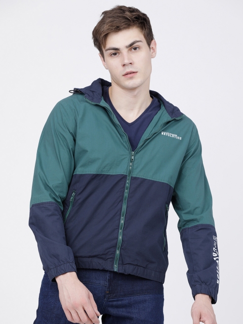 

LOCOMOTIVE Men Green & Navy Blue Colourblocked Hooded Tailored Cotton Jacket