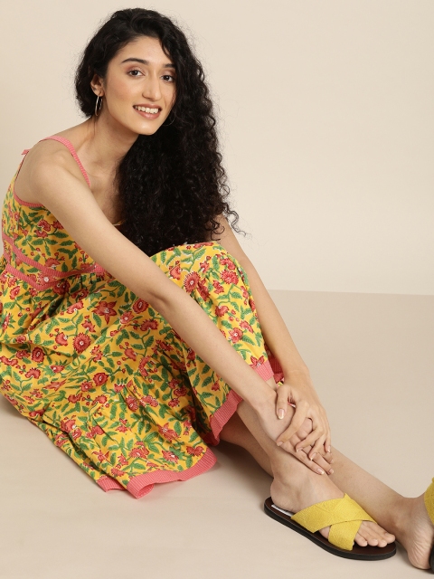 

Taavi Women Mustard Yellow Sanganeri Block Print Sustainable Dress with Pocket