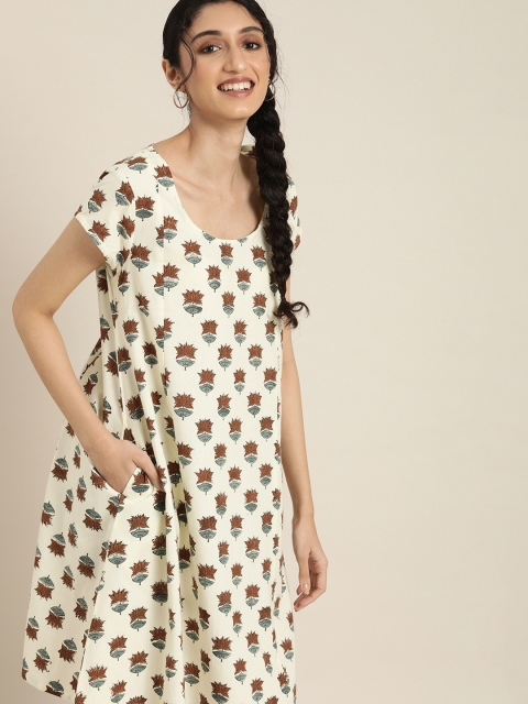 

Taavi Off White & Brown Block Print Legacy Sustainable Nightdress with Pocket