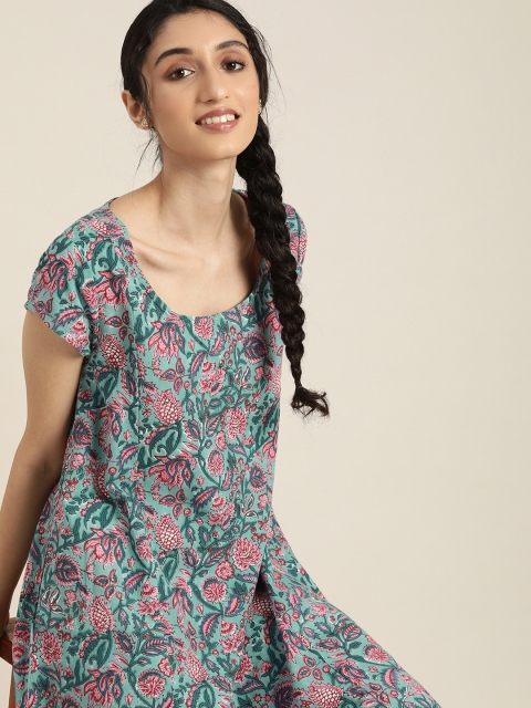 

Taavi Women Teal Green & Pink Sanganeri Hand Block Print Sustainable A-Line Dress