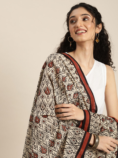 

Taavi Beige & Black Bagru Hand Block Print Pure Cotton Dupatta