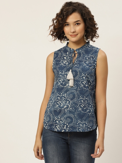 

Taavi Women Navy Blue & White Pure Cotton Indigo Hand Block Print Top