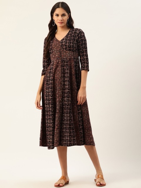 

Taavi Women Coffee Brown & Maroon Ajrakh Hand Block Print Cotton Sustainable A-Line Dress