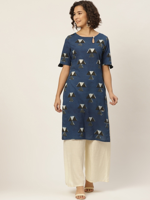 

Taavi Women Navy Blue & White Pure Cotton Hand Block Print Straight Kurta With Tassels