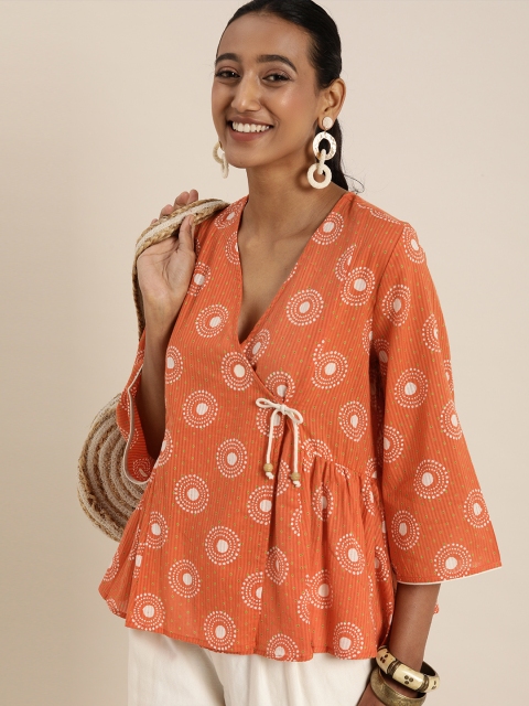 

Taavi Orange & White Wild Tribe Printed Sustainable A-Line Top