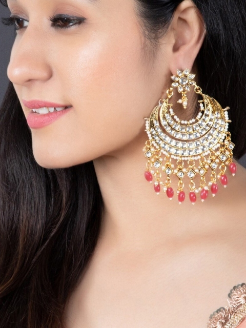 

Rubans Peach-Coloured Gold-Plated Handcrafted Stone Studded & Beaded Chandbalis
