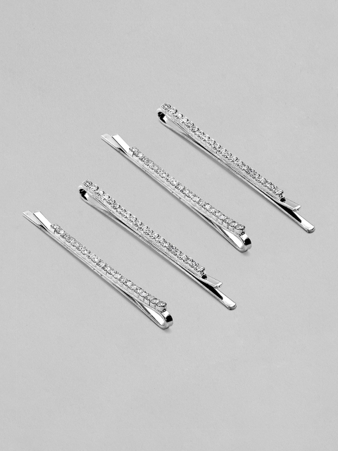 

Rubans Set of 4 Silver-Plated Handcrafted Zircon Stone Bobby Pins