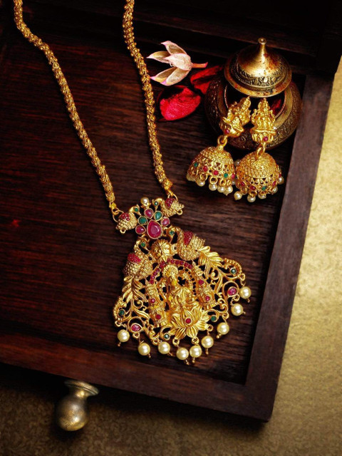 

Rubans 22K Gold-Plated Green & Pink Stone-Studded & White Beaded Handcrafted Temple Jewellery Set