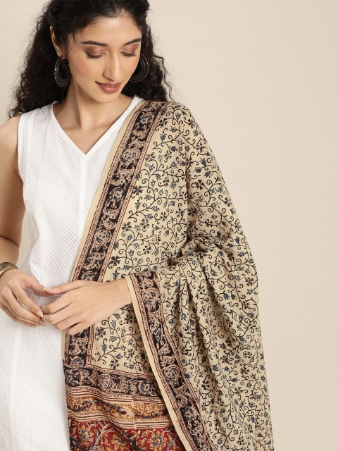 

Taavi Beige & Maroon Kalamkari Hand Block Print Pure Cotton Sustainable Dupatta