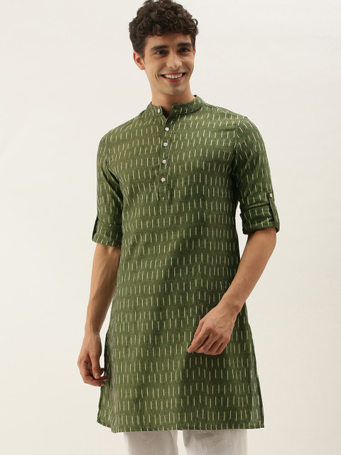 

Taavi Men Green & Off White Ikat Woven Design Straight Sustainable Roll-Up Sleeve Kurta