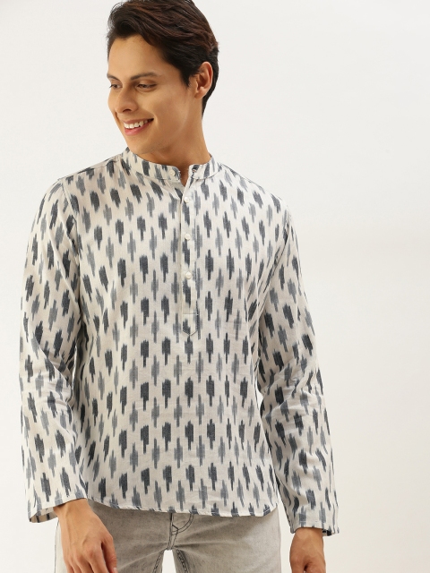 

Taavi Men Off White & Grey Ikat Woven Design Kurta with Mandarin Collar