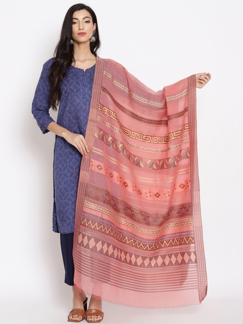 

SHINGORA Brown & Peach-Coloured Woven Design Antiviral Coated Dupatta