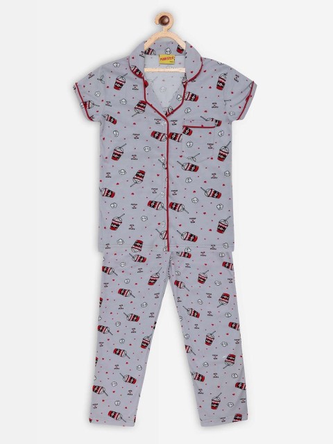 

Punkster Girls Grey & Red Milk Shake Print Pure Cotton Night suit
