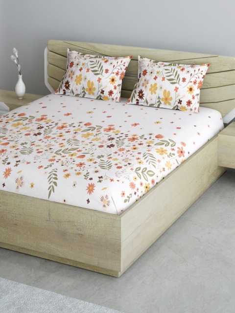 

Aura White & Orange Floral 144 TC Queen Bedsheet with 2 Pillow Covers