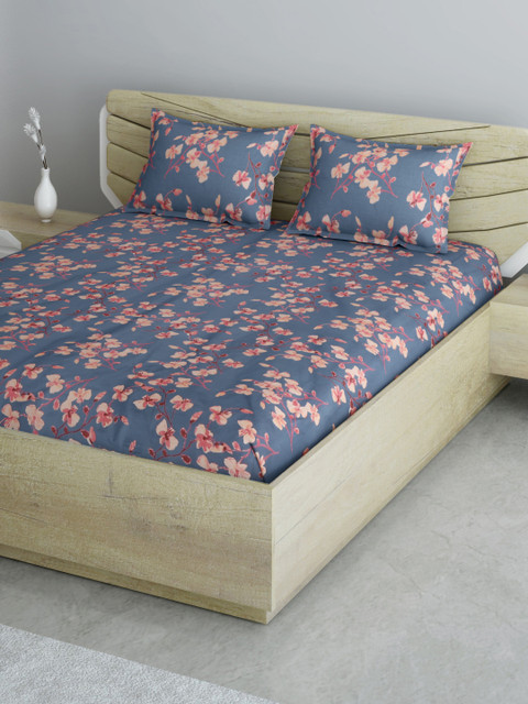 

Aura Navy Blue & Peach-Coloured Floral 144 TC Queen Bedsheet with 2 Pillow Covers