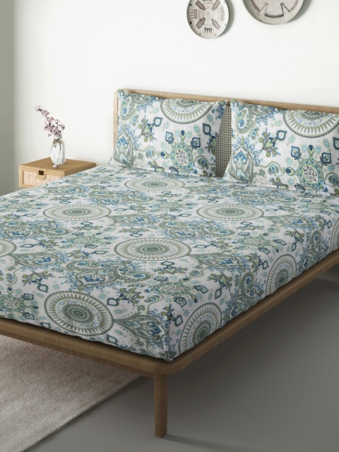 

Aura White & Green Ethnic Motifs 144 TC Queen Bedsheet with 2 Pillow Covers