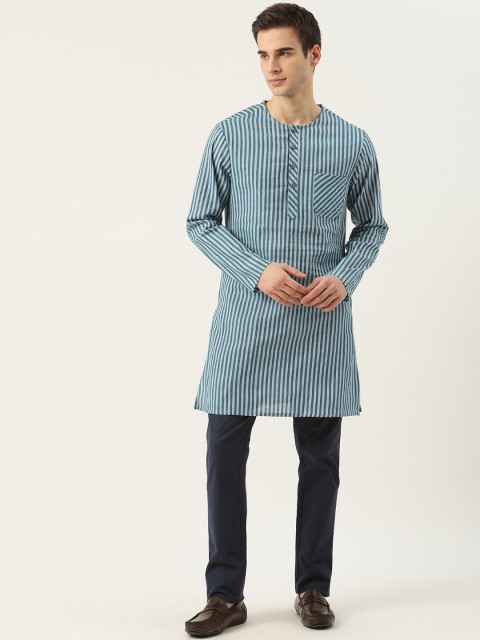 

Ode by House of Pataudi Rozana Men Blue Pure Cotton Striped Straight Kurta