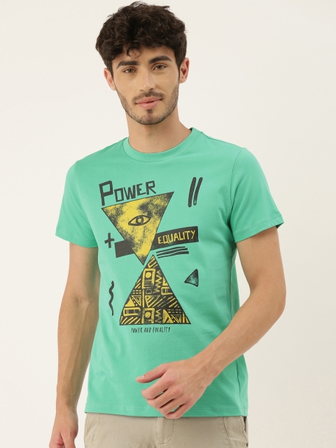 

QUANCIOUS Men Green Printed Round Neck T-shirt