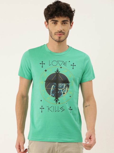 

QUANCIOUS Men Green Printed Organic Cotton Round Neck T-shirt