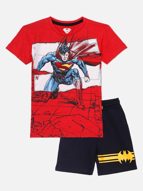 

Kids Ville Boys Red & Navy Blue Dc Comics Printed T-shirt with Shorts