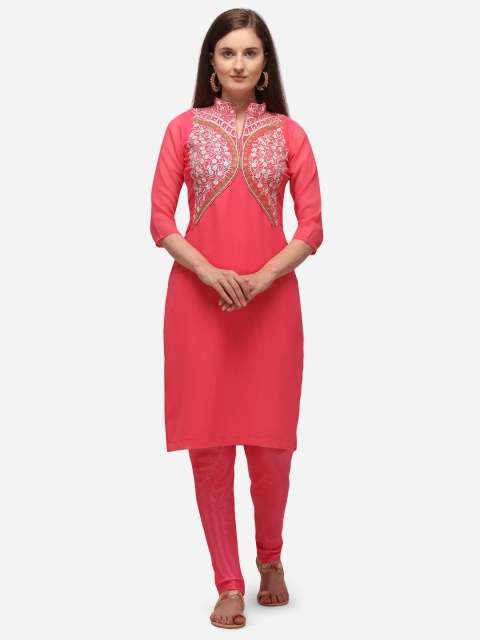 

SAADHVI Pink & White Poly Georgette Semi-Stitched Dress Material