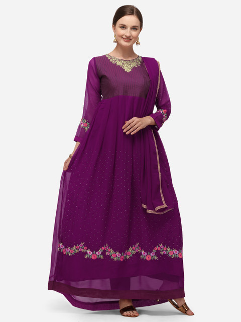 

SAADHVI Purple & Gold-Toned Embroidered Poly Georgette Semi-Stitched Dress Material
