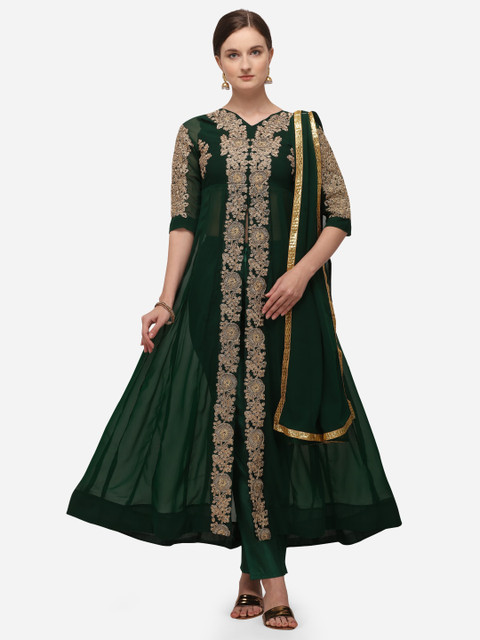

SAADHVI Green & Gold-Toned Poly Georgette Semi-Stitched Dress Material