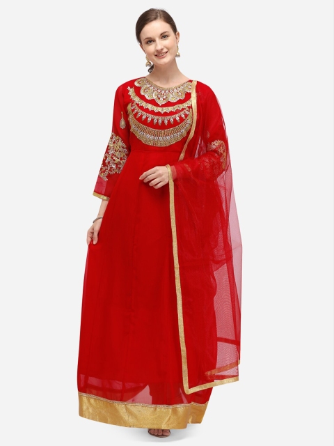 

SAADHVI Red & Gold-Toned Poly Georgette Semi-Stitched Dress Material