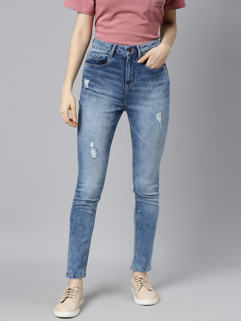 

HERE&NOW Women Blue Super Skinny Fit Low Distress Heavy Fade Stretchable Jeans