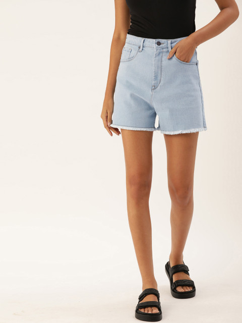 

Moda Rapido Women Blue High-Rise Denim Shorts with Frayed Hem