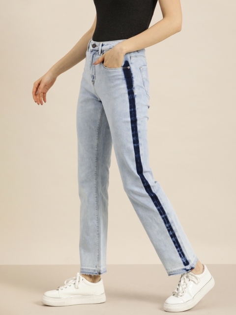 

Moda Rapido Women Blue Straight Fit High-Rise Heavy Fade Jeans With Side Stripes