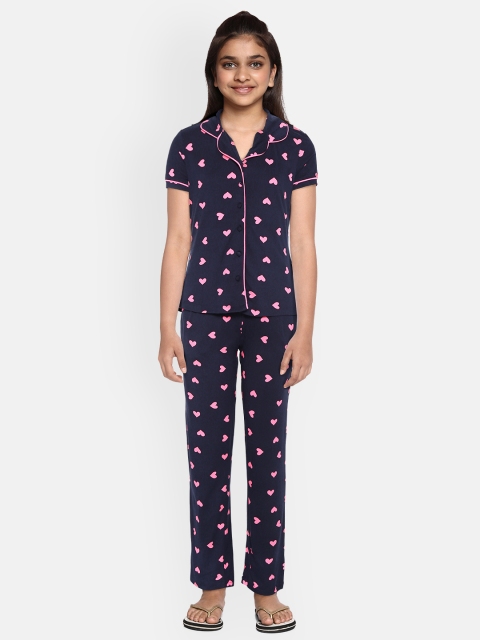 

Sweet Dreams Girls Navy Blue & Pink Heart Printed Pyjama Set