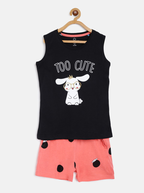 

Sweet Dreams Girls Black & Orange Bunny & Polka Dot Printed Night suit